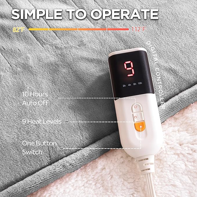 Heated Blanket Twin Size - Single Controllers Electric Blanket Twin with 9 Heat Settings & 10 Hour Auto Off,Overheat Protection,Machine Washable 62"x84" (Dark Gray)