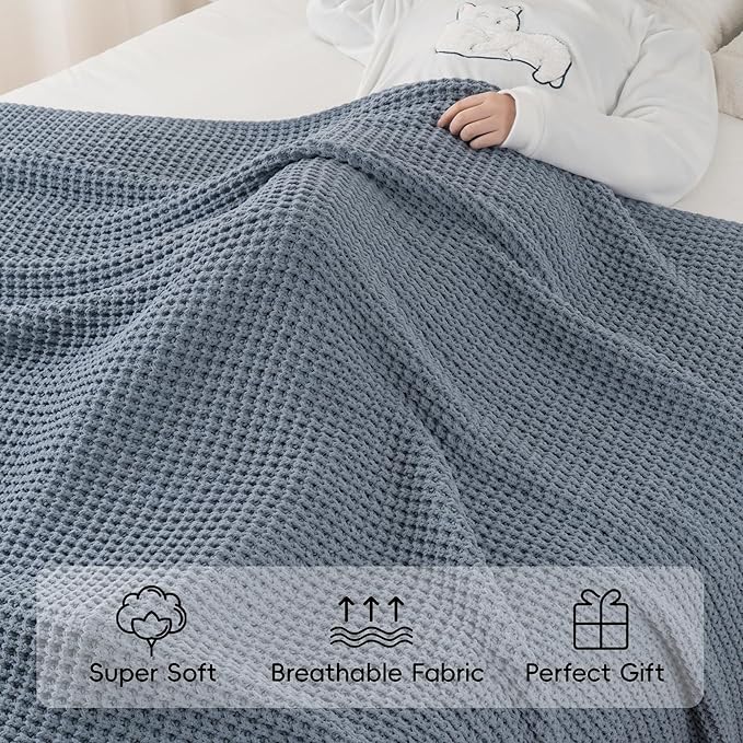 Bunnikins & Clover Blue Grey Throw Blanket for Couch, Thick Warm Soft Cozy Knitted Chenille Throw Blanket for Sofa, Bed, Living Room, 60"x80"