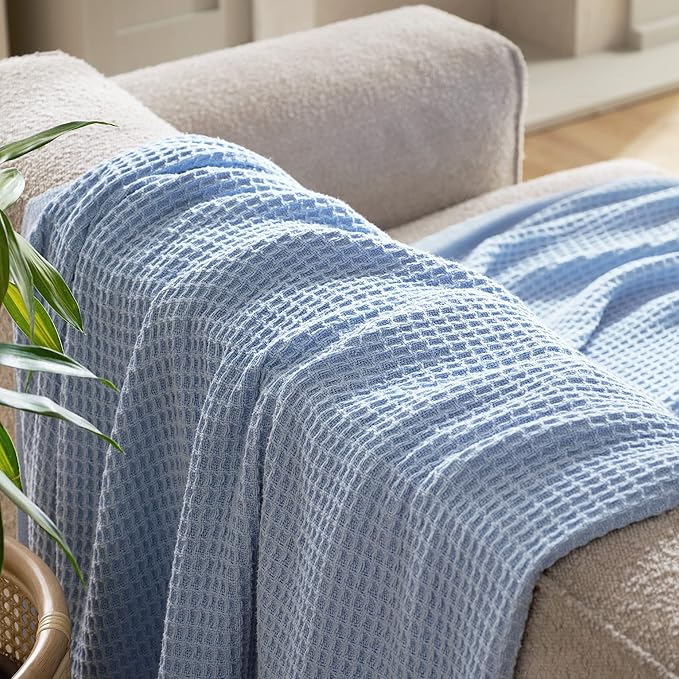 Bedsure Gentlesoft 100% Cotton Blanket Queen Size for Bed - Cooling Breathable and Soft for Spring Summer, Thick Cozy Waffle Weave Blanket Gifts for Women, Sky Blue, 90x90 Inches