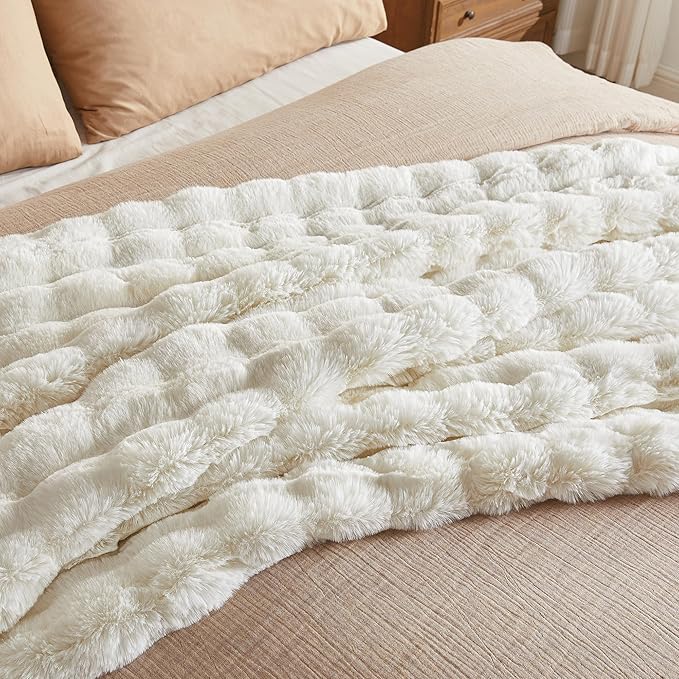 JELLYMONI Faux Fur Throw Blanket, White Throw Blanket for Couch, Fuzzy Cozy Plush Bubble Bed Blanket, Thick and Warm Blanket, Throw (50" X 60")