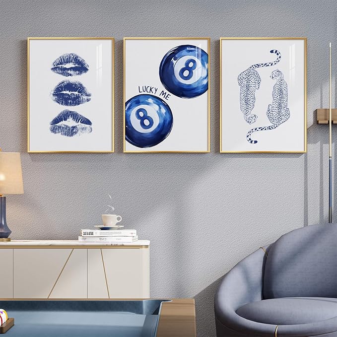 Framed Blue Aesthetic Wall Art for Room Decor, 3 Piece Pop Lip 8 Ball Cheetah Blue Artwork for Walls, Trendy Preppy Canvas Prints for Bedroom Living Room Hallway Apartment Wall Decor, 12x16 Inch