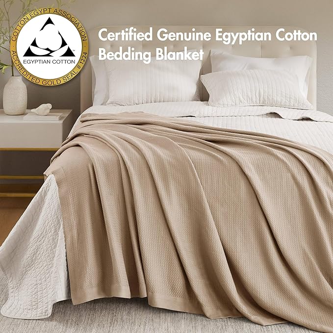 Madison Park 100% Egyptian Cotton Lightweight Summer Blanket, Breathable Waffle Knit Design, Soft Cozy All-Season Throw for Bed, Couch or Sofa, Khaki Twin Size (66"x90")
