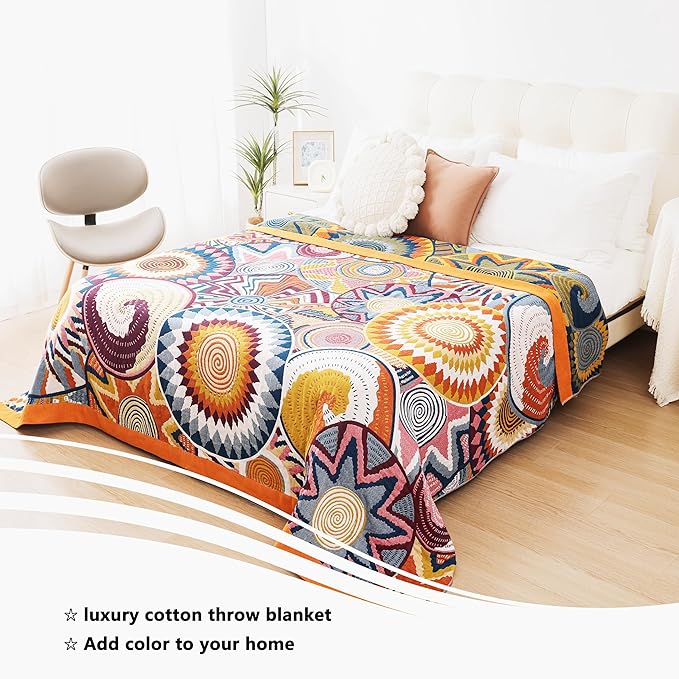 Boho Throw Blanket, 100% Organic Muslin Cotton Skin-friendly Breathable Ultra Soft Bed Quilt Throw - All Season Bohemian Decor Luxury Colorful Blanket for Sofa Couch Chair and Gift. 80" x 90"