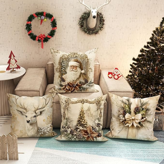 Elegant Christmas Throw Pillow Covers, Vintage White with Gold Floral Design, Winter Holiday Theme with Santa and Reindeer, Decorative Cushion Cases，Short Plush