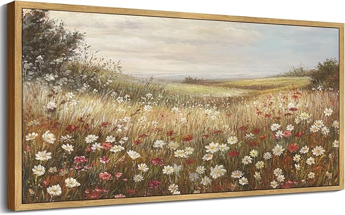 SHENIFY Vintage Framed Wall Art Meadow with Flowers Landscape Scenery Home Decor Retro Wildflower Field Decorations for Farmhouse Bedroom Ready to Hang Wall Artwork - 8x16in Natural Framed