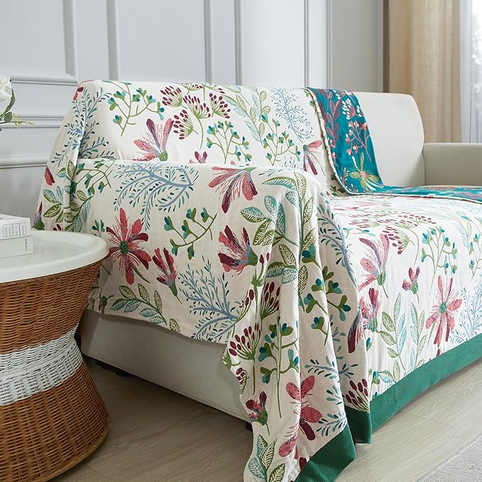 Boho Throw Blanket for Bed 90”x98”, 100% Cotton Woven Blanket for Couch Sofa, Ultra Soft 4-Layer Muslin Quilt with Floral Printed, Farmhouse Bed Blanket/Cover for Living Room Decor