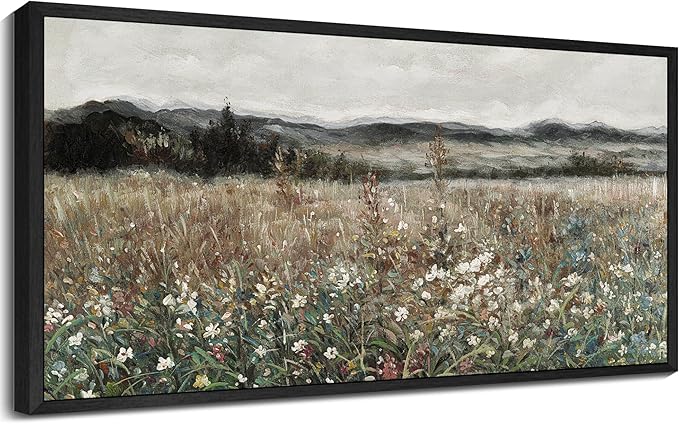 SHENIFY Vintage Landscape Framed Wall Art Meadow Flowers Farmhouse Decor Retro Classic Painting for Hallway Bedroom Living Room Dining Room - 20x40in Black Framed