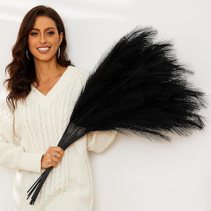 Black Pampas Grass, 9 PCS 37''/3.1FT Tall Fluffy Fake Pompas Floral, Large Artificial Pompous Grass Branches for Floor Vase Fillers, Boho Farmhouse Room Wedding Decor (Black)