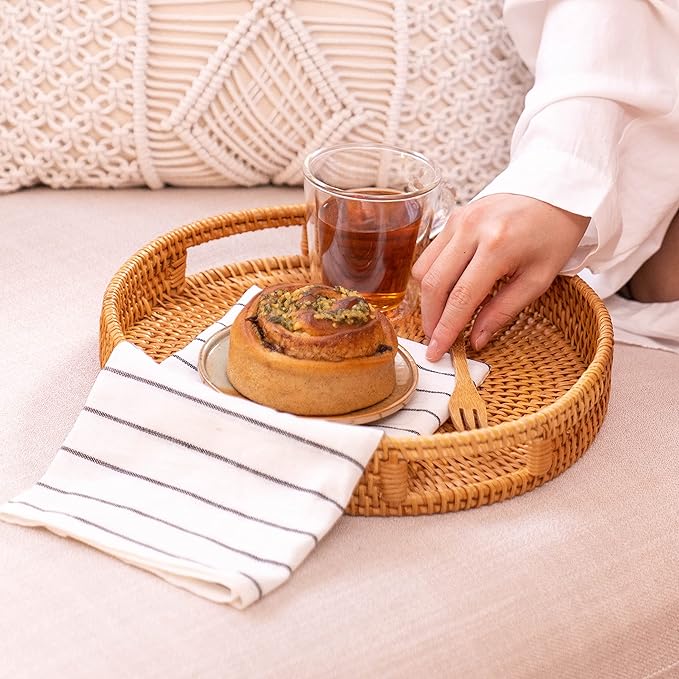 Rattan Round Serving Tray, Decorative Coffee Table Tray, Ottoman Hand Woven Serving Basket with Handles, Wicker Fruit/Bread Serving Basket, 11.8 inch