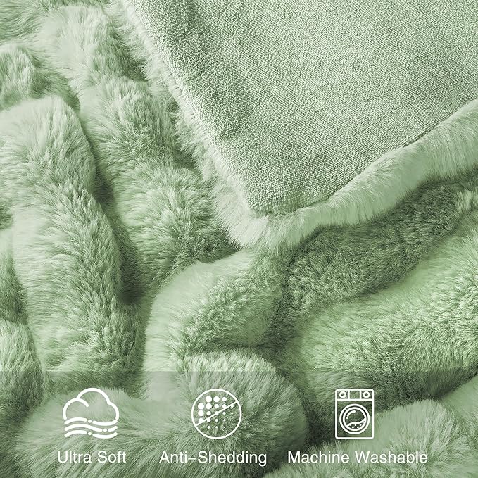 Comelady Faux Rabbit Fur Throw Blanket for Couch,Soft Fluffy Thick Bubble Blanket for Bed Sofa Room Decor-Lightweight Cozy Fuzzy Blanket Gifts for Women Men,New Sage Green,50"×60"