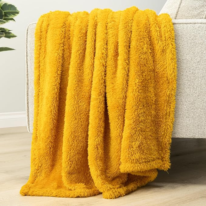 PAVILIA Sherpa Throw Blanket for Couch Sofa, Mustard Yellow Fluffy Warm Plush Blanket for Bed, Cozy Super Soft Lightweight Throw, Fuzzy Decorative Blanket, All Season Home, 50x60