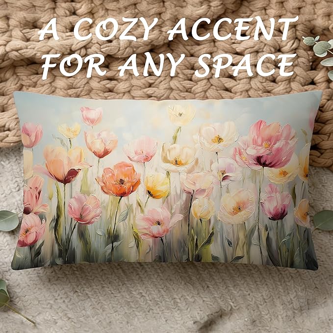 Spring Tulip Floral Lumbar Pillow Cover 12x20 Double-Sided, Cottagecore Room Home Decor, Farmhouse Easter Abstract Pink Flower Decorative Throw Pillow Cover for Living Room Home Bedroom