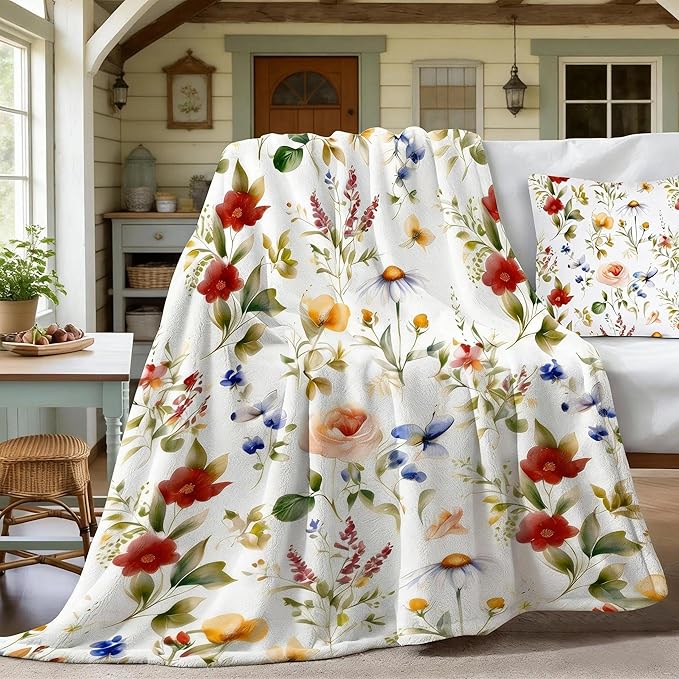 yuboo Floral Throw Blanket - Spring Colorful Flower Blanket, Soft Lightweight Fluffy Blanket for Sofa,Couch,Bed, Vintage French Country Throw Home Decor, 50 x 60 Inch