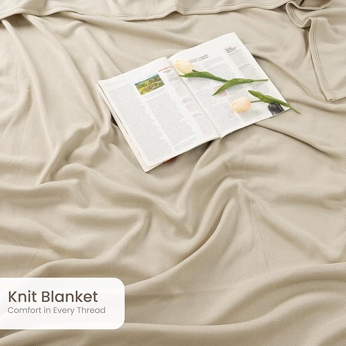 Utopia Bedding Knit Blanket Queen Size (90x90 Inches, Camel) Soft Lightweight Jersey Breathable Sweatshirt Blanket for Bed,Couch & Sofa