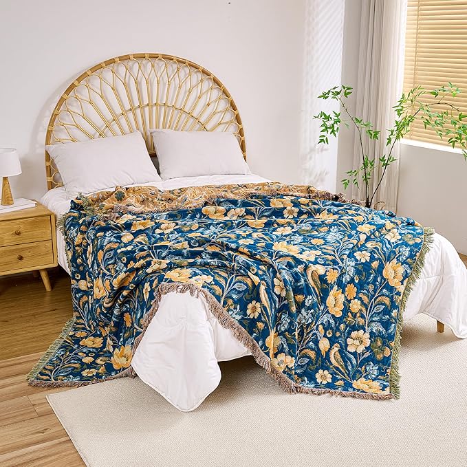 Boho Throw Blanket, 100% Organic Cotton Breathable Ultra Soft 60" x 80" Bed Quilt Blue Throw - All Season Bird Floral Rustic Farmhouse Decor Reversible Blanket for Couch Chair and Gift