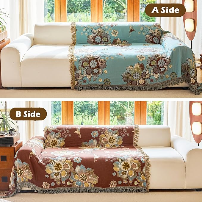 Boho Throw Blanket 80" x 90", 100% Organic Cotton Breathable Skin-Friendly Ultra Soft Bed Quilt Blue Throw - Floral Rustic Decor Luxury Reversible Blanket for Sofa Couch Chair and Gift,