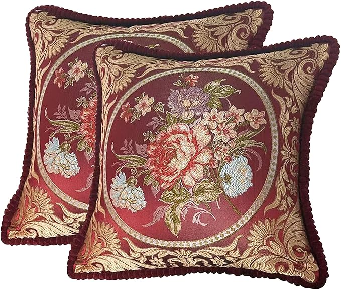 SZHELEJIAM Embroidered Pillow Cover Set of 2, Jacquard Throw Pillow Covers,Vintage Floral Decorative Cushion Covers for Sofa, Bed, Lounger.18.8x18.8 Inch Red