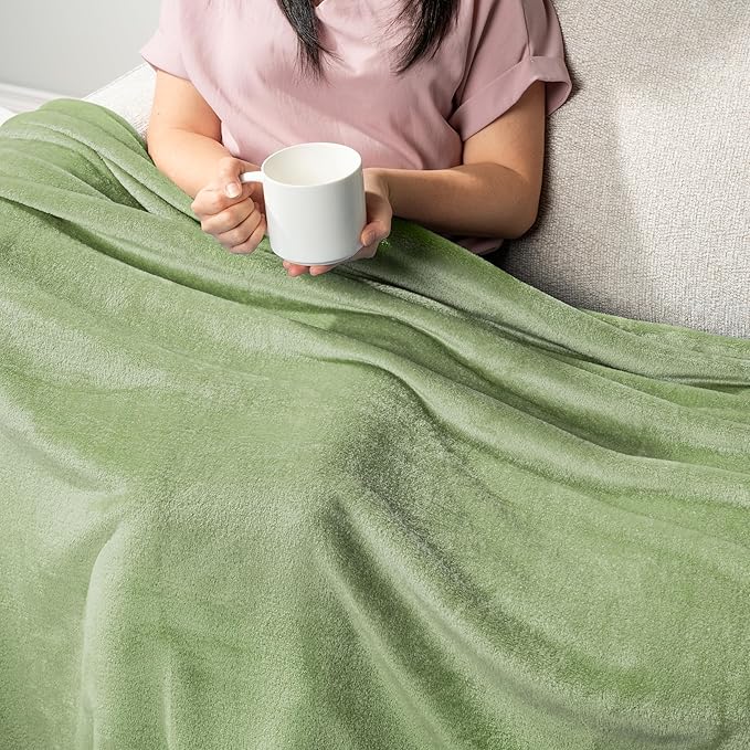 PAVILIA Sage Green Fleece Throw Blanket for Couch, Light Olive Soft Fuzzy Flannel Throw for Sofa, Luxury Plush Microfiber Bed Blanket, Cozy Home Decorative Velvet Gift Blanket, 50x60