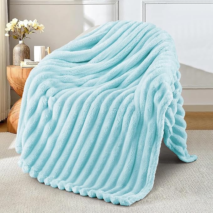 Exclusivo Mezcla Fleece Throw Blanket for Couch, Super Soft Striped Jacquard Bed Blanket, Lightweight Fuzzy Cozy for All Seasons, 50x60 Inches, Light Blue