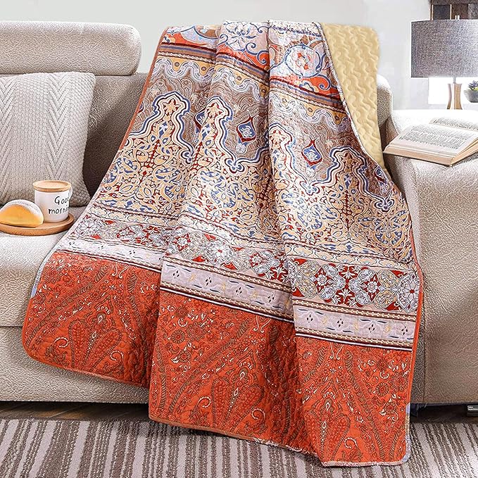 Exclusivo Mezcla 50"x 60" Quilted Throw Blanket- Microfiber Quilt Throw with Boho Striped Pattern, Reversible Brick-Red Versatile Lap Quilt for All Seasons, Lightweight Throws for Bed/Couch/Sofa