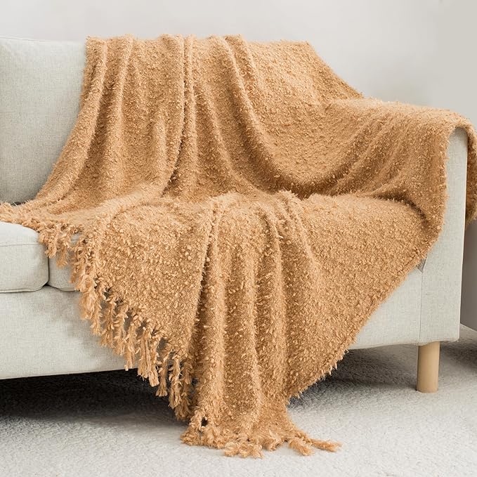 Winter Knit Throw Blanket Fluffy Fuzzy Soft Lightweight Cozy Farmhouse Tassels Chunky Knitted Throws for Couch Sofa Bed (Camel, 50"x60")