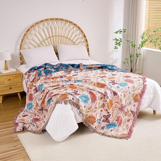 Boho Throw Blanket, 100% Organic Cotton Breathable Ultra Soft 50" x 60" Bed Quilt Throw - All Season Floral Rustic Farmhouse Decor Luxury Reversible Blanket for Sofa Couch Chair and Gift