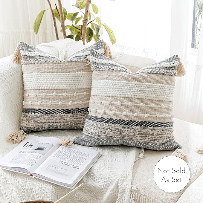 BlissBlush Gray Boho Throw Pillow Cover 18x18 Grey Decorative Accent Pillow for Couch Square Woven Textured Pillowcase Modern Farmhouse Pillow for Bed Bohemian Pillow Cover (Pack of 1)