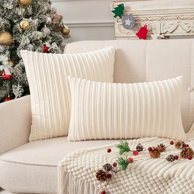 UGASA Corduroy Striped Soft Soild Decorative Square Throw Pillow Covers Set Cushion Cases Pillowcases for Sofa Bedroom, 2 Pcs, 24x24inch, Cream