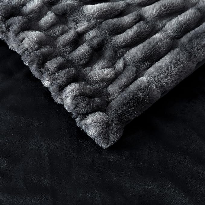 WDCOZY Ruched Faux Fur Throw Blanket Soft Cozy Fluffy Luxurious Blankets Couch Bed Sofa Chair Home Decor Warm Furry Fall Winter Plush Rabbit Fur Bubble Blanket 50" x 60", Charcoal Gray Dark Grey