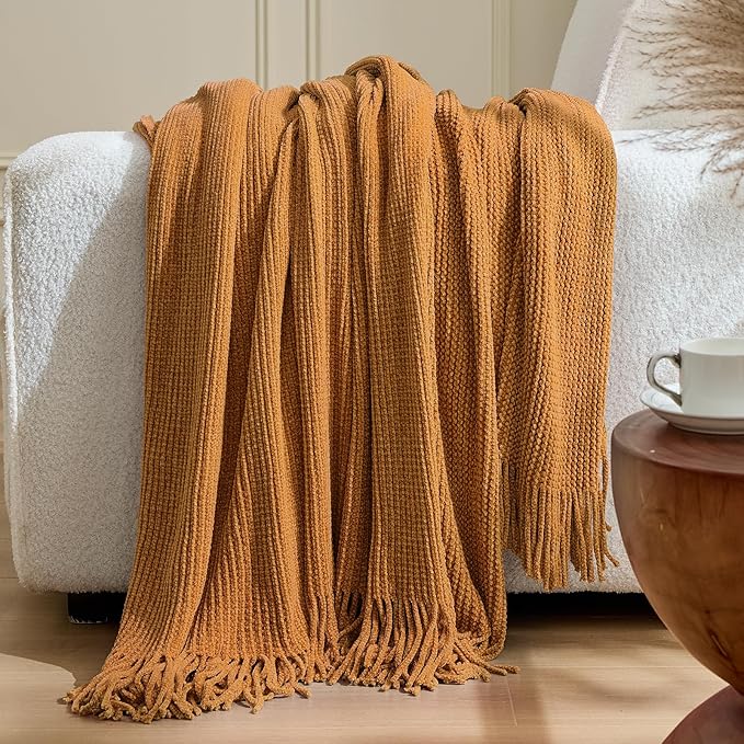 inhand Brown Throw Blanket for Couch Bed,Fall Home Decorative Soft Chunky Chenille Woven Blankets with Tassels,Lightweight Cozy Boho Farmhouse Warm Winter Gifts for Women,60"x80",Medium Thick