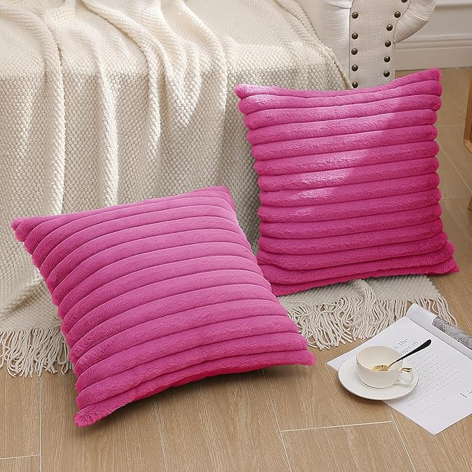 Pallene Faux Fur Plush Throw Pillow Covers 22x22 Set of 2, Luxury Soft Fluffy Striped Decorative Pillow Covers for Sofa, Couch, Living Room, Hot Pink
