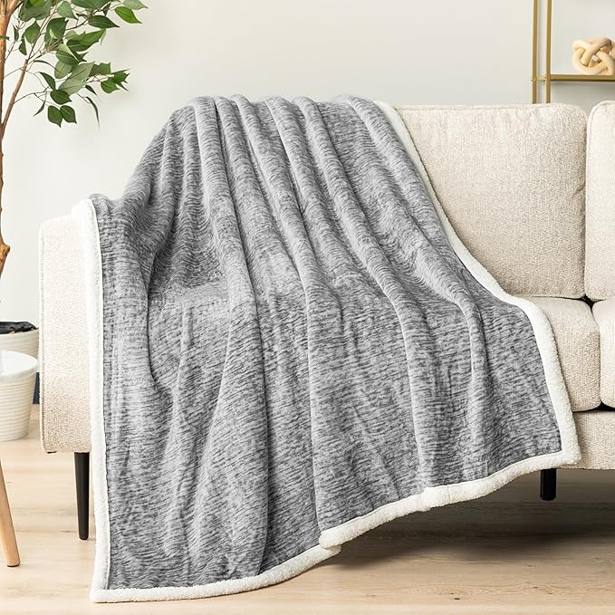 PAVILIA Melange Light Gray Twin Bed Sherpa Blanket Throw, Warm Soft Cozy Reversible Blanket Couch Sofa, Thick Plush Large Fleece Blanket, Decorative Home Room Decor Gifts Men Women, 60x80 Light Grey