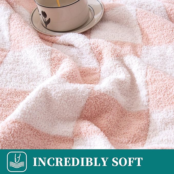 SeaRoomy Checkered Throw Blanket, Ultra Soft Microfiber Knit Throw Blanket, Cozy Fluffy Fuzzy Reversible Checkerboard Pink Blanket for Couch Sofa Bed Decor(Light Pink, 51"63")