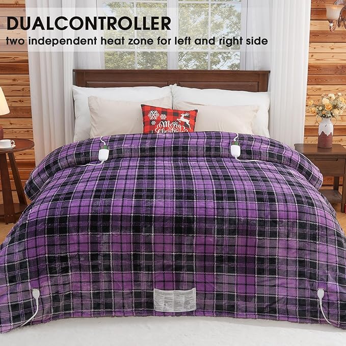 Heated Electric Blanket Queen Size, 84X90 Heating Blanket Queen with Dual Control&10 Heats Levels&Timer for Bed,Purple Plaid Sherpa Soft Blankets Warmer Gift for Grandma Women Adults, Washable
