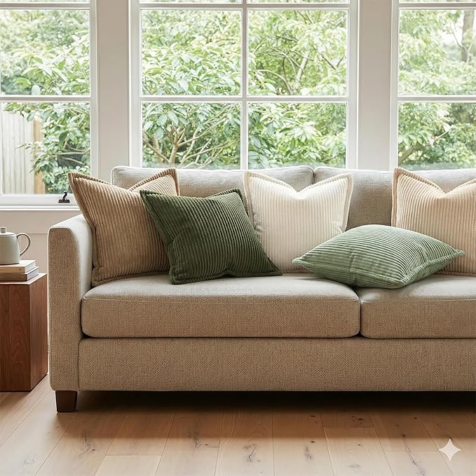 Mecatny Corduroy Throw Pillow Covers 20x20 Set of 2, Neutral Decorative Soft Boho Couch Pillow Covers with Broadside for Sofa Living Room, Beige