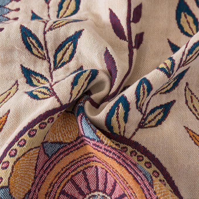 Boho Throw Blanket Throw Size, Soft Cozy Cotton Muslin Quilt Blanket for Bed Decor, Floral Patterned Couch Sofa Chair Cover, Vintage Farmhouse Cottage Tapestry Woven Blanket, Beige&Blue