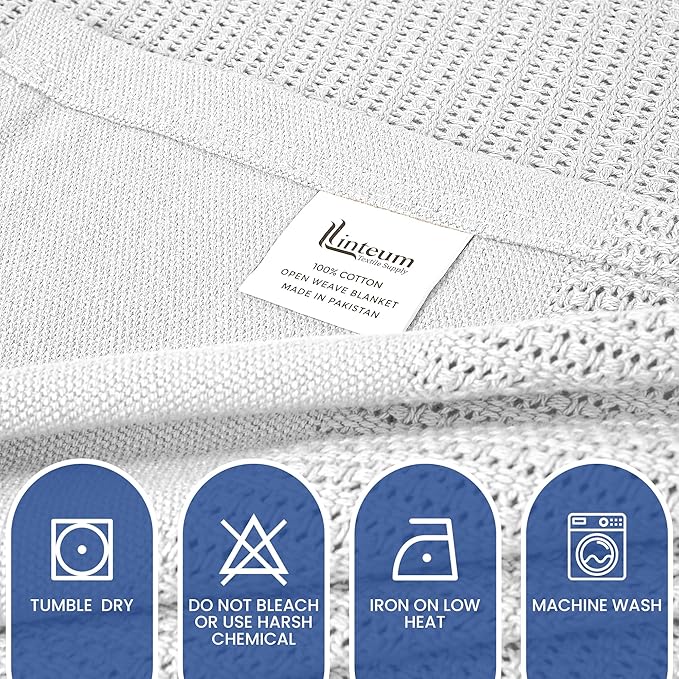 Linteum Textile Supply Leno Weave White Blanket, Twin 100% Cotton, Lightweight, Warm, Fluffy, Premium and Durable Soft & Cozy Bed Blanket for Home, Couch, Sofa & Dorm, All Season Throw [66x90]