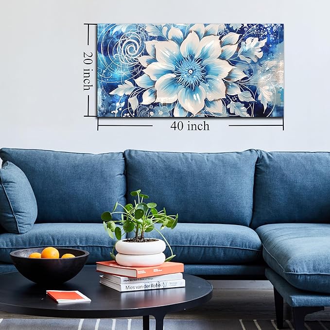 Flower Picture Wall Decor for Bedroom Large Blue Flower Canvas Wall Art for Office Framed Floral Wall Art for Living Room Ready To Hang Size 40 x 20 Inch
