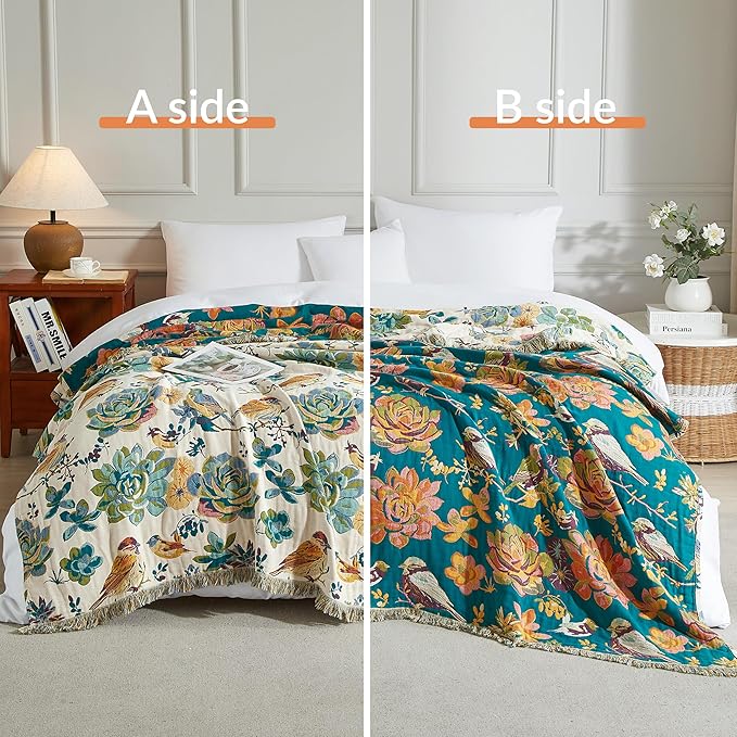 Boho Throw Blanket for Bed 60”x80”, 100% Cotton Woven Blanket for Couch Sofa, Ultra Soft 4-Layer Muslin Quilt with Floral Printed, Farmhouse Bed Blanket/Cover for Living Room Decor