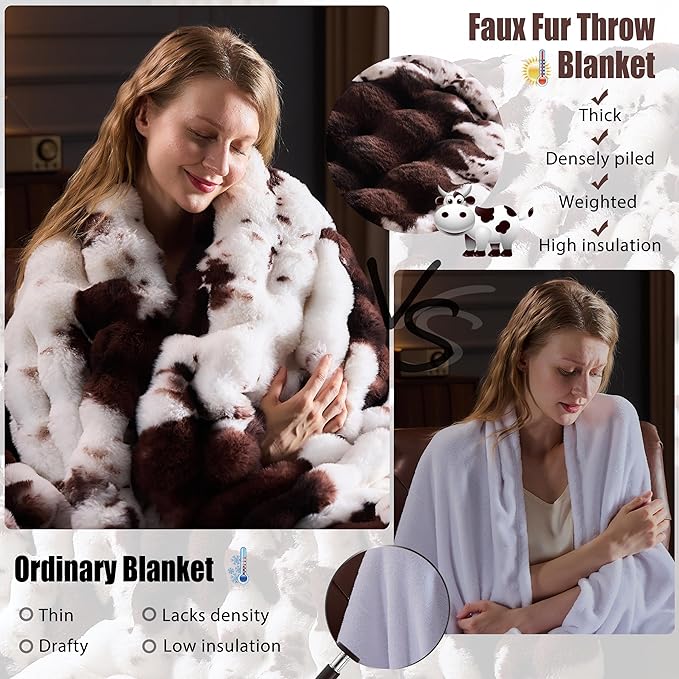 Faux Fur Throw Blanket for Couch, Fluffy Fuzzy Plush Bubble Blanket, Soft Warm Cozy Shaggy Rabbit Blanket, Luxury Decorative Gifts for Sofa Bedroom Living Room, 60x80inch (Cow Print-Brown)