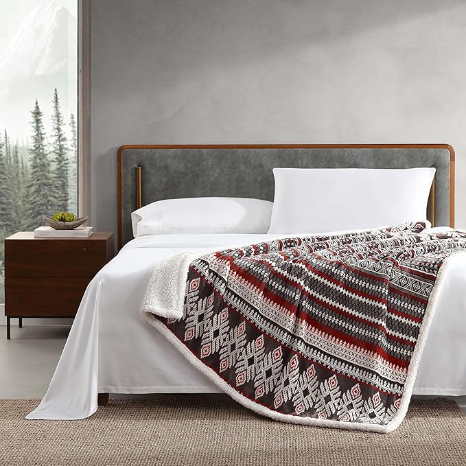 Eddie Bauer - Throw Blanket, Brushed Fleece & Plush Sherpa Soft Bedding, Blanket for Couch & Bed (Sycamore Red, 50" x 60")