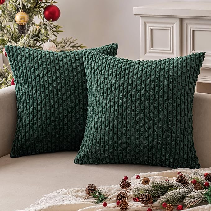 MIULEE Army Green Throw Pillow Covers Soft Corduroy Decorative Eruo Sham Set of 2 Boho Striped Pillow Covers Pillowcases Farmhouse Home Decor for Couch Bed Sofa Living Room 24x24 Inch