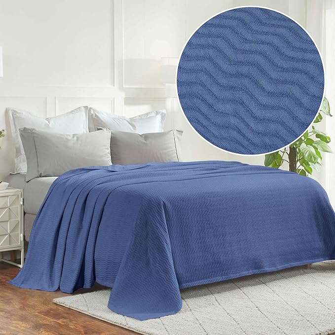 Superior JENA Cotton Blanket, for Picnic, Beach, Traveling or Camping, Bedroom Decor, Essentials, Cover for Bed, Couch, Lounging, Textured Jacquard, Modern Chevron Woven Blanket, Twin, Merritt Blue