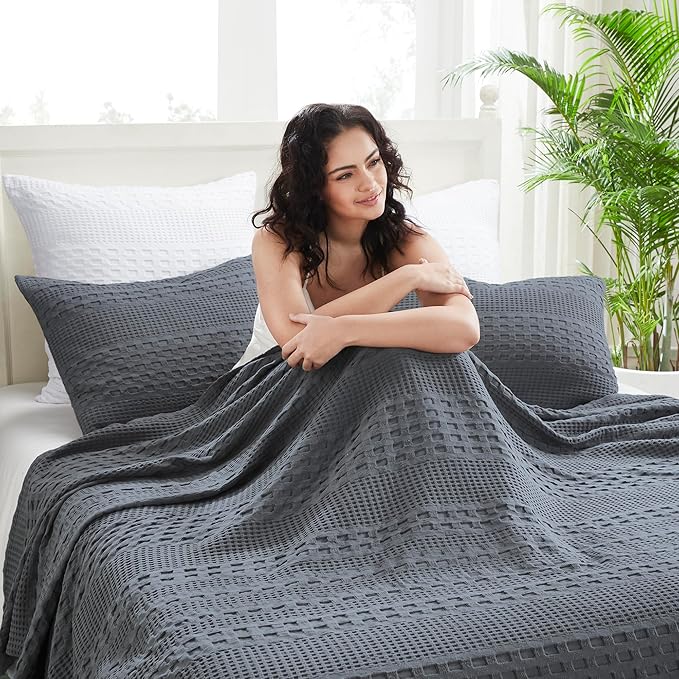 VHC Brands 100% Cotton Waffle Weave Twin Blanket 66"x90", Decorative Lightweight Spring and Summer Throw Blanket, Bedroom Decor for Bed, Couch, or Sofa, Dark Grey