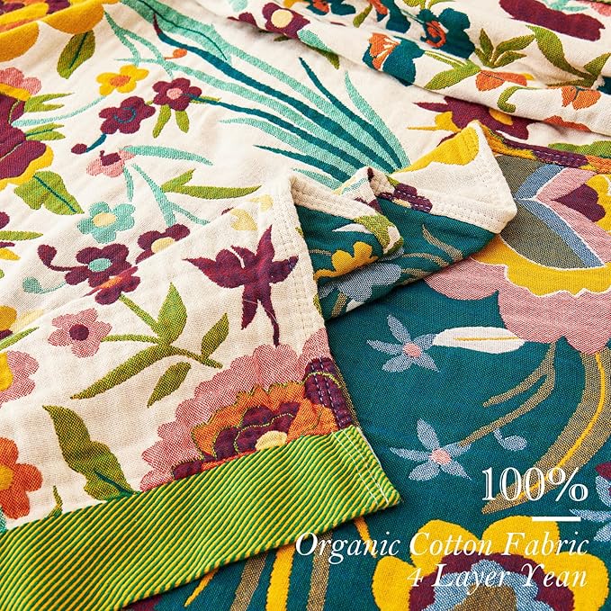 Boho Throw Blanket for Bed, 100% Organic Cotton Breathable Ultra Soft 60" x 80" Quilt Throw - All Season Floral Rustic Farmhouse Decor Luxury Reversible Blanket for Sofa Couch Chair and Gift