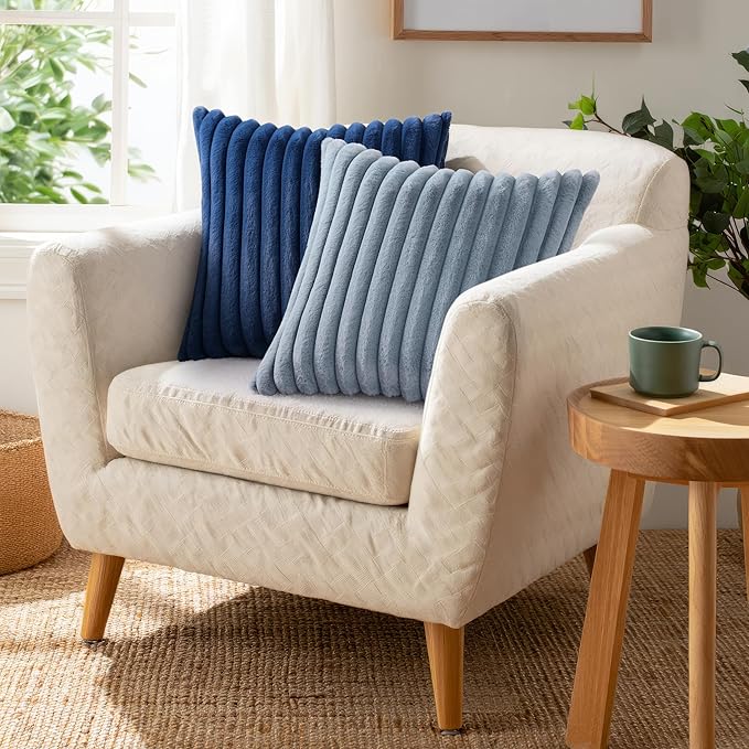 Pallene Faux Fur Plush Throw Pillow Covers 26x26 Set of 2, Luxury Soft Fluffy Striped Decorative Pillow Covers for Sofa, Couch, Living Room, Blue Grey