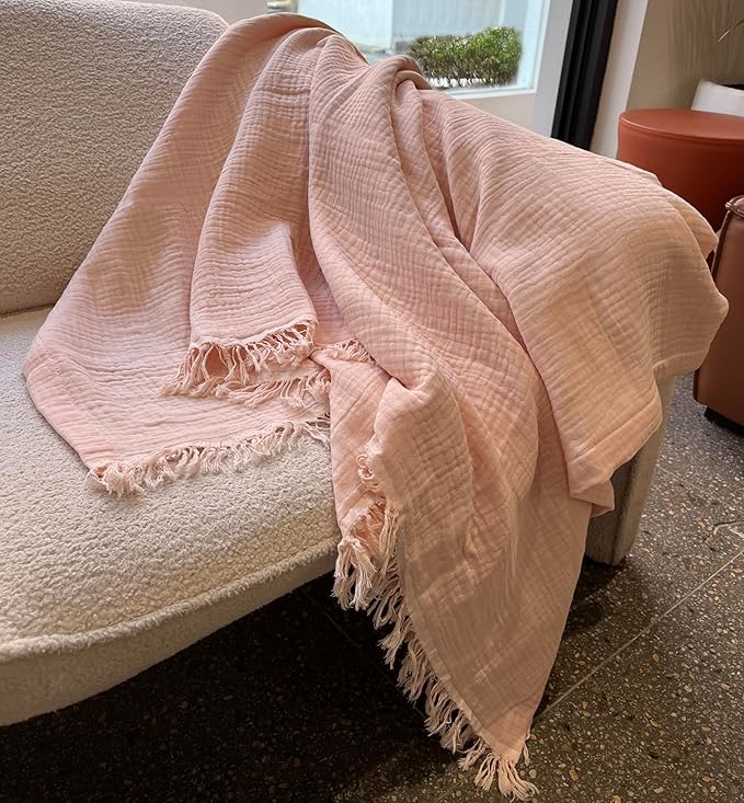 KyraHome 100% Organic Cotton Muslin Throw Blanket for Couch, Girls, Adults, Kids, 50"x60", Plant Dyed, Breathable Lightweight Soft Gauze Blanket, All Season (Soft Pink)
