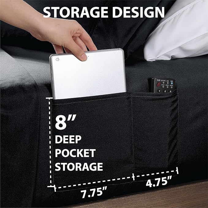Swift Home Smart Sheets, Ultra Soft Brushed Microfiber 4-Piece Sheet Set, Fitted Bed Sheet with Side Storage Pockets – Black, Queen