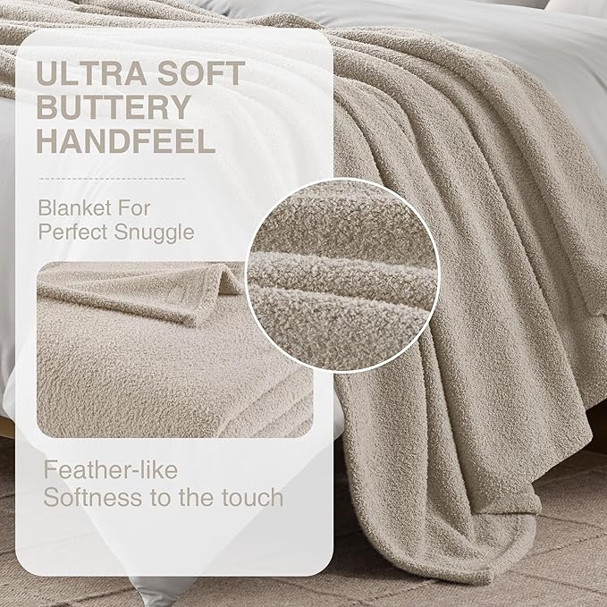 Madison Park Fuzzy Knit Blanket Dream Soft Blanket Cozy Breathable Cover Luxrurious Feathersoft Feel, All Seasons Lightweight Bedding for Summer Cover for Bed, Couch & Sofa, Twin, Taupe
