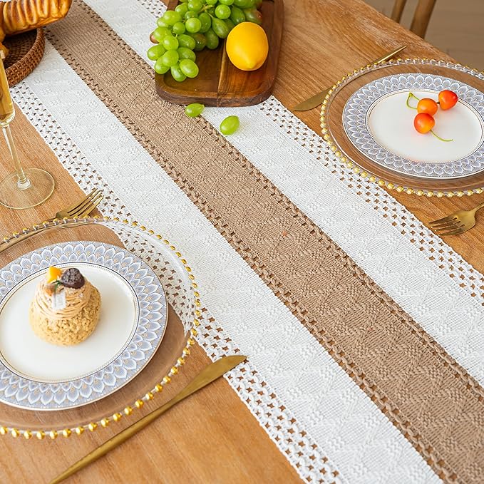 FEXIA Boho Table Runner for Fall Home Decor with Tassels 72 Inches Long Farmhouse Rustic Table Runner Macrame Burlap Table Decoration for Living Room Bridal Shower(12x72 Inches)